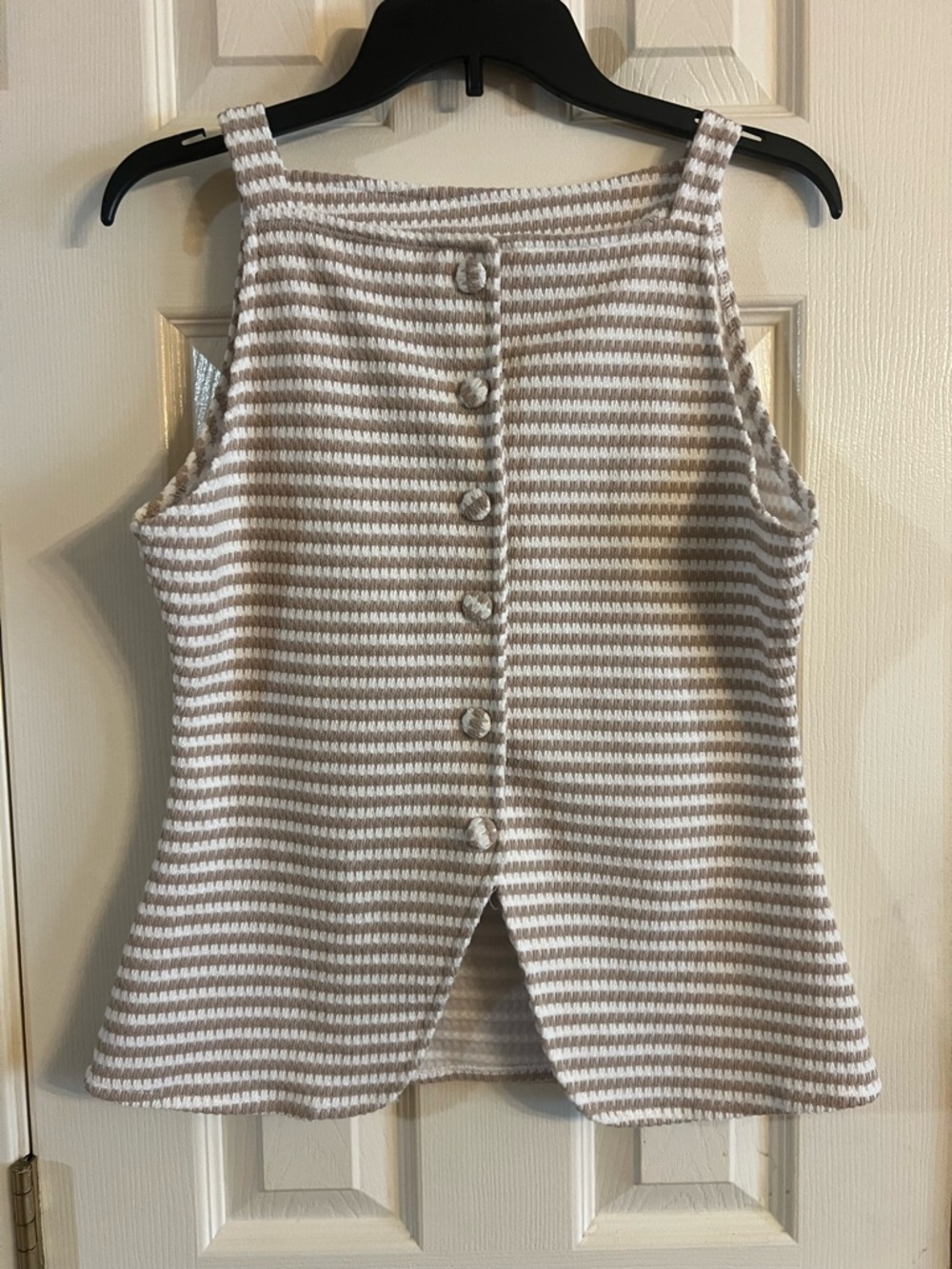 Striped Knit Button-Back Tank Top in Cream and Beige